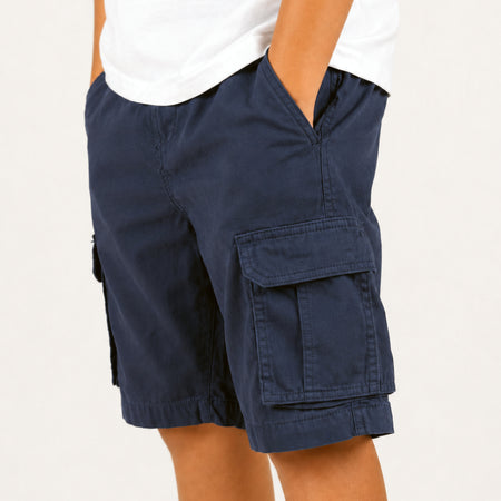 Bee Inspired Junior Cunha Shorts in Navy, relaxed fit junior cargo shorts with multiple pockets, close-up
