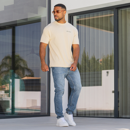 Bee Inspired Ralston Regular Fit Jeans in Mid Blue, regular fit jeans with a looser, comfortable feel, close-up crop shot