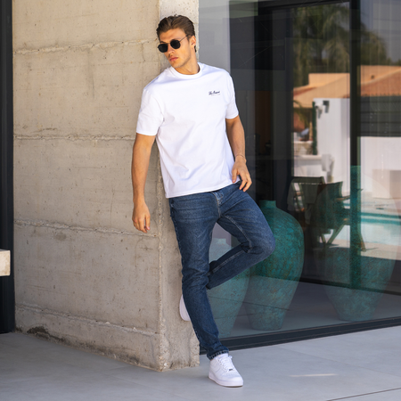 Bee Inspired Ralston Regular Fit Jeans in Dark Blue, regular fit jeans with a looser, comfortable feel, close-up crop shot
