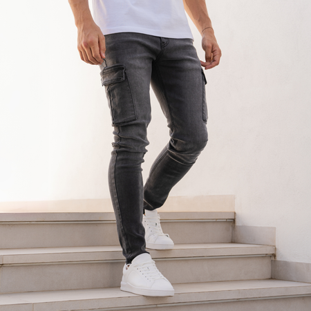 Bee Inspired Muric Slim Fit Jeans in Washed Black, slim fit jeans designed for maximum comfort, close-up crop shot