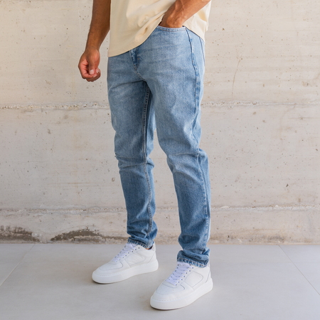 Bee Inspired Ralston Regular Fit Jeans in Mid Blue, regular fit jeans with a looser, comfortable feel, close-up crop shot