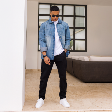 Bee Inspired Devine Overshirt in Mid Blue, relaxed fit cotton overshirt, styled shot