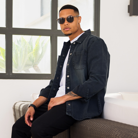 Bee Inspired Devine Overshirt in Black, relaxed fit cotton overshirt, close-up