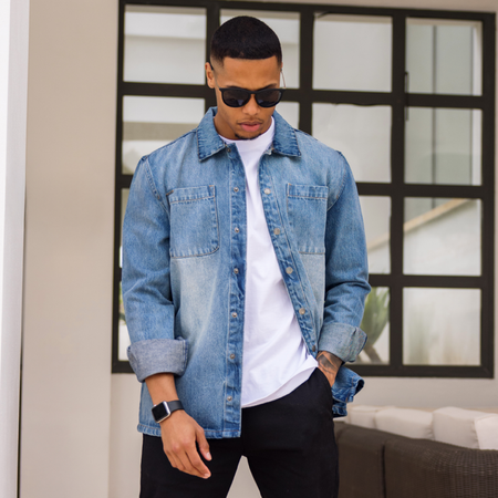 Bee Inspired Devine Overshirt in Mid Blue, relaxed fit cotton overshirt, front view