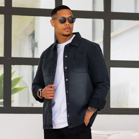 Bee Inspired Devine Overshirt in Black, relaxed fit cotton overshirt, front view