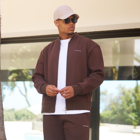 Bee Inspired Diallo Bomber in Coffee, relaxed fit bomber jacket built for everyday outerwear, front view