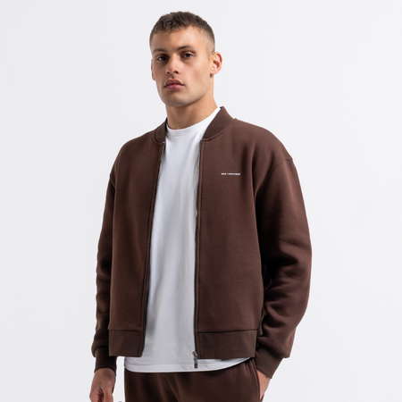 Bee Inspired Diallo Bomber in Coffee, relaxed fit bomber jacket built for everyday outerwear, styled shot
