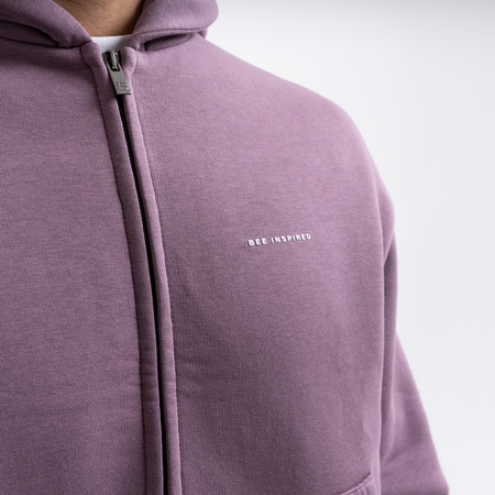 Bee Inspired Diallo Zip Hoodie in Mauve Dusk, relaxed fit zip hoodie with stretch cuffs and a kanga pocket, back view