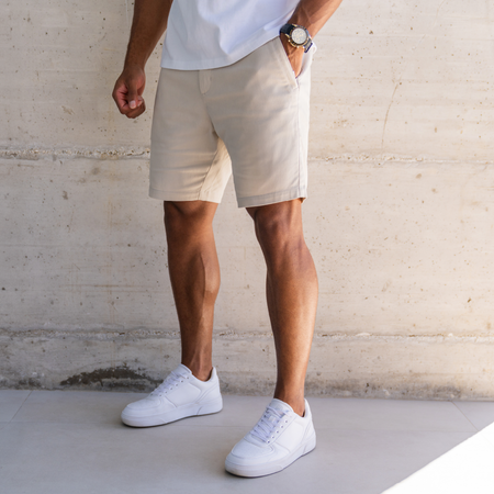 Bee Inspired Falcone Chino Short in Sand, regular fit chino shorts with branded button detailing, close-up