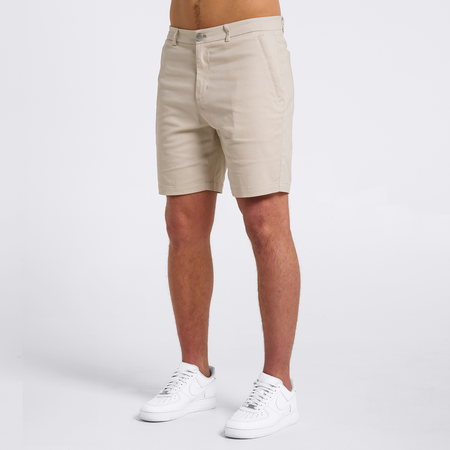 Bee Inspired Falcone Chino Short in Sand, regular fit chino shorts with branded button detailing, front view
