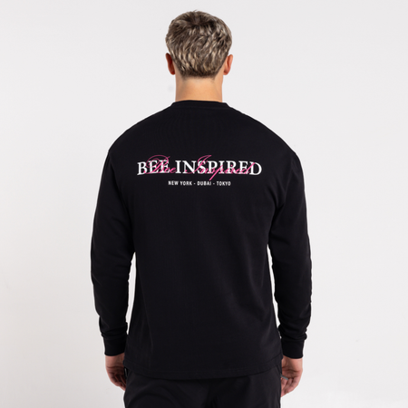 Bee Inspired Stach Long Sleeve T-Shirt in Black/Pink, long sleeve tee with a print on the chest and back, front view