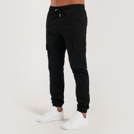 Bee Inspired Rivero Cargo Pants in Black, regular fit cargo trousers with multiple utility pockets, styled shot