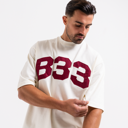 Bee Inspired Figo T-Shirt in Off White, heavyweight cotton tee with a large twill fabric appliqu\u00e9, styled shot