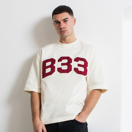 Bee Inspired Figo T-Shirt in Off White, heavyweight cotton tee with a large twill fabric appliqu\u00e9, front view