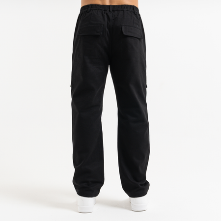 Bee Inspired Foden Cargo Pant in Black, cotton twill cargo trousers with front pockets and back branding, close-up