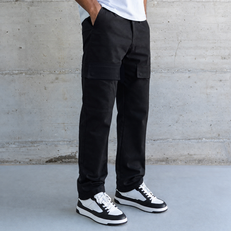 Bee Inspired Foden Cargo Pant in Black, cotton twill cargo trousers with front pockets and back branding