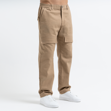 Bee Inspired Foden Cargo Pant in Taupe, cotton twill cargo trousers with front pockets and back branding, styled shot