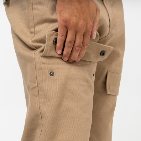 Bee Inspired Foden Cargo Pant in Taupe, cotton twill cargo trousers with front pockets and back branding, close-up