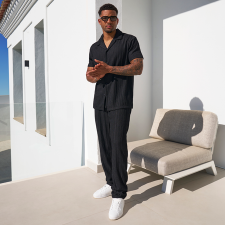 Bee Inspired Garcia Shirt in Black, short sleeve shirt with a classic camp collar, styled shot