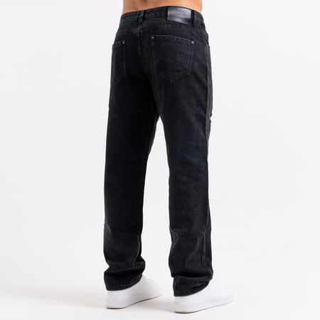 Bee Inspired Garnacho Relaxed Jeans in Washed Black, heavyweight denim jeans with rip detailing for a worn-in look, back view
