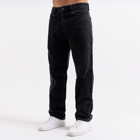 Bee Inspired Garnacho Relaxed Jeans in Washed Black, heavyweight denim jeans with rip detailing for a worn-in look, close-up