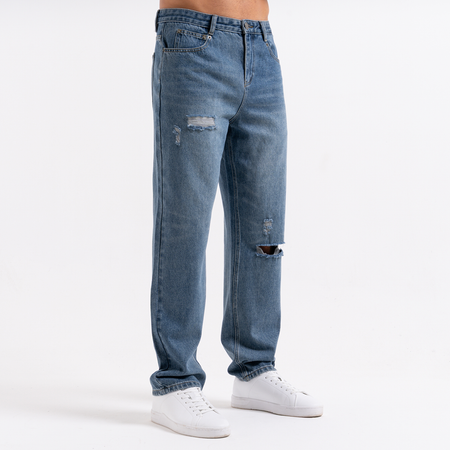 Bee Inspired Garnacho Relaxed Jeans in Mid Blue, heavyweight denim jeans with rip detailing for a worn-in look, styled shot