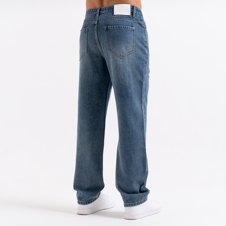 Bee Inspired Garnacho Relaxed Jeans in Mid Blue, heavyweight denim jeans with rip detailing for a worn-in look