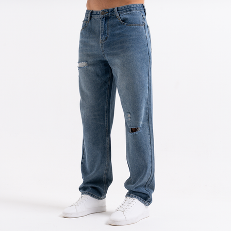 Bee Inspired Garnacho Relaxed Jeans in Mid Blue, heavyweight denim jeans with rip detailing for a worn-in look, back view