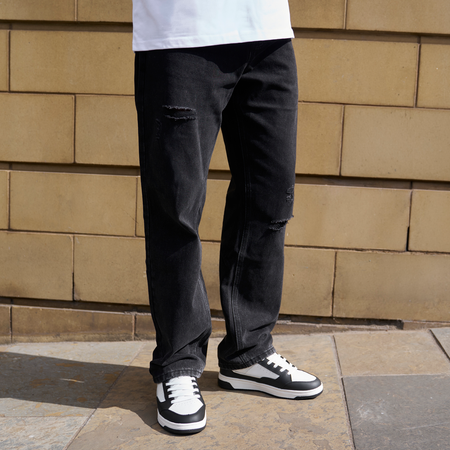 Bee Inspired Garnacho Relaxed Jeans in Washed Black, heavyweight denim jeans with rip detailing for a worn-in look