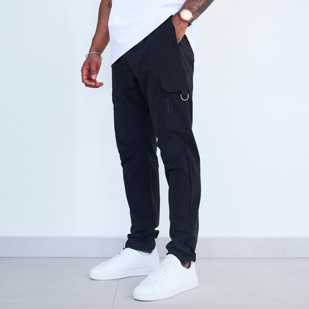 Bee Inspired Guardiola Cargo Pants in Black, regular fit cargo trousers with utility pockets and metal D-ring pulls
