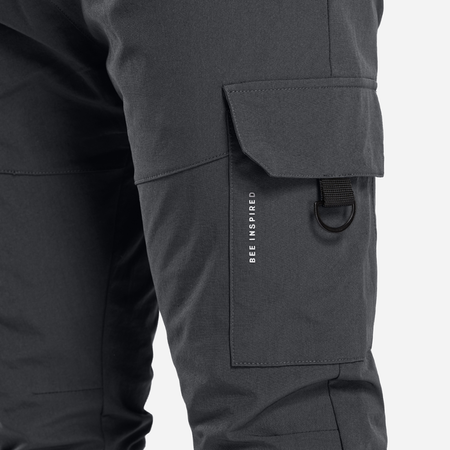 Bee Inspired Guardiola Cargo Pants in Charcoal, regular fit cargo trousers with utility pockets and metal D-ring pulls