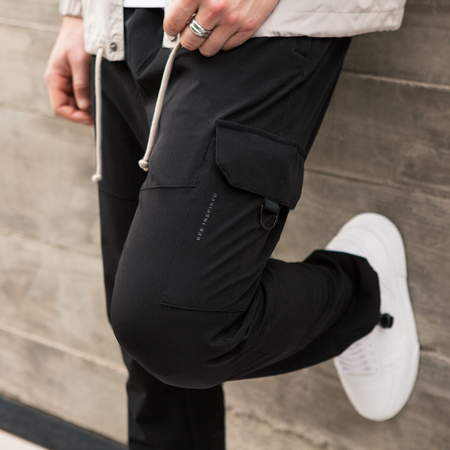 Bee Inspired Guardiola Cargo Pants in Black, regular fit cargo trousers with utility pockets and metal D-ring pulls