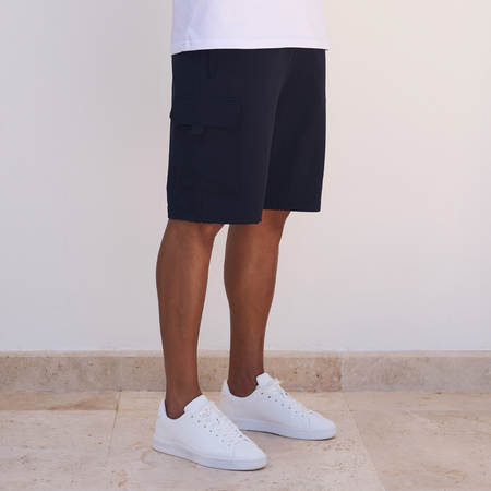 Bee Inspired Guardiola Cargo Short in Dark Navy, regular fit cargo shorts with a multi utility pocket design, close-up