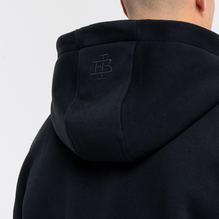 Bee Inspired Guedes Hoodie in Black, hoodie with a clean embroidered BI monogram graphic, close-up