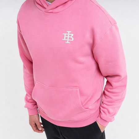 Bee Inspired Guedes Hoodie in Bubblegum Pink, hoodie with a clean embroidered BI monogram graphic, close-up crop shot