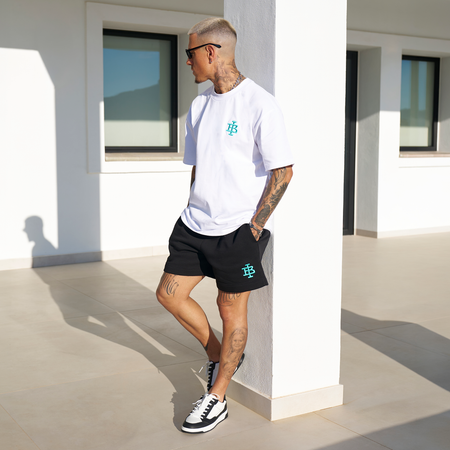 Bee Inspired Guedes Cotton Short in Black/Aqua, brushback fleece shorts built for comfort and movement, close-up crop shot