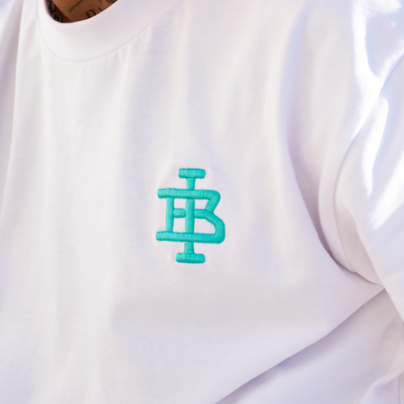 Bee Inspired Guedes Oversized T-Shirt in White/Aqua, heavyweight cotton oversized tee with a ribbed crew neck