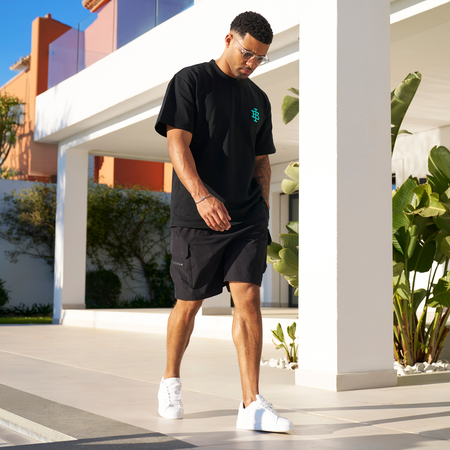 Bee Inspired Guedes Oversized T-Shirt in Black/Aqua, heavyweight cotton oversized tee with a ribbed crew neck