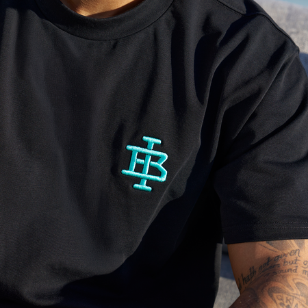 Bee Inspired Guedes Oversized T-Shirt in Black/Aqua, heavyweight cotton oversized tee with a ribbed crew neck