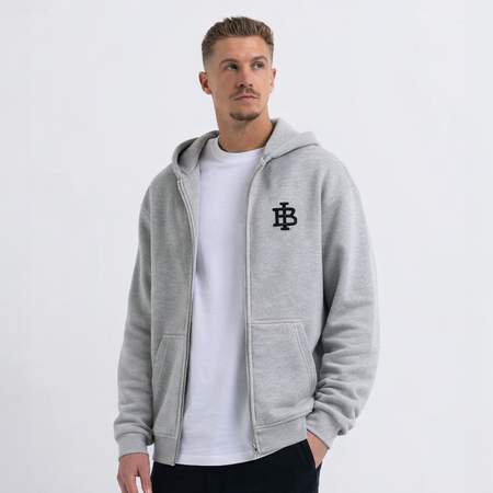 Bee Inspired Guedes Zip Hoodie in Grey Marl, zip hoodie with a clean embroidered BI monogram graphic, close-up crop shot