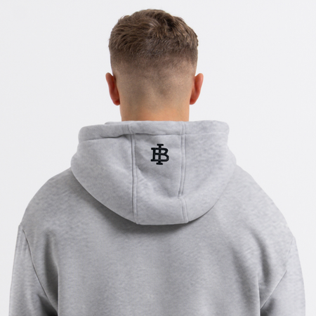 Bee Inspired Guedes Zip Hoodie in Grey Marl, zip hoodie with a clean embroidered BI monogram graphic, close-up