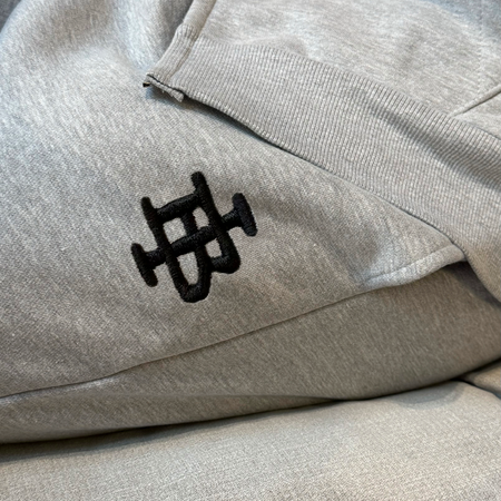 Bee Inspired Guedes Jogpant in Grey Marl, jogpants with a clean embroidered BI monogram, styled lifestyle shot