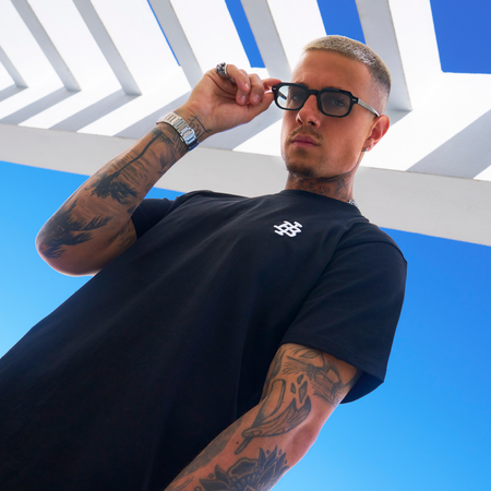 Bee Inspired Guedes Oversized T-Shirt in Black/White, heavyweight cotton oversized tee with a ribbed crew neck, close-up