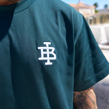 Bee Inspired Guedes Oversized T-Shirt in Pine Green, heavyweight cotton oversized tee with a ribbed crew neck, back view