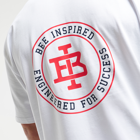 Bee Inspired Guedes T-Shirt in White/Red, relaxed fit tee with the Guedes graphic print, front view