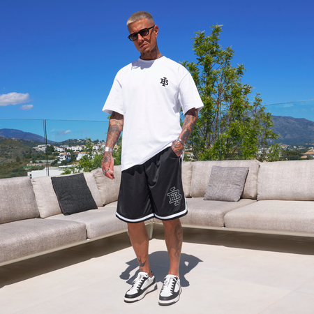 Bee Inspired Guedes Oversized T-Shirt in White/Black, heavyweight cotton oversized tee with a ribbed crew neck, styled shot