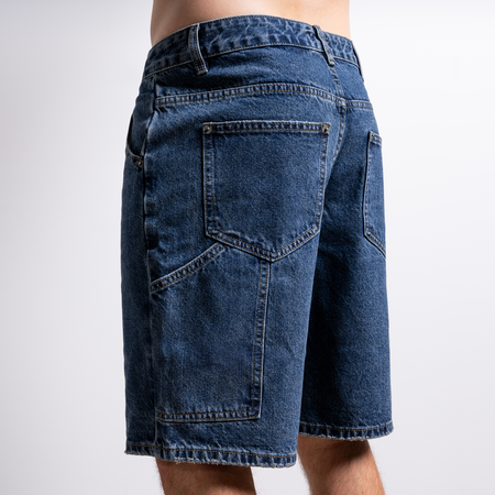 Bee Inspired Gueye Denim Short in Mid Blue, relaxed fit denim shorts with a carpenter pocket and belt loops, back view