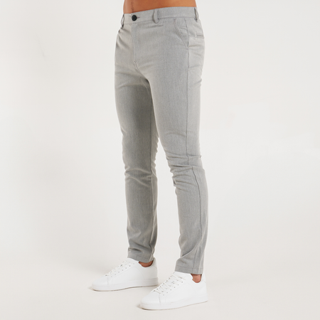 Bee Inspired Halle Chino in Grey, slim fit tapered chinos with a faux leather waist patch, front view