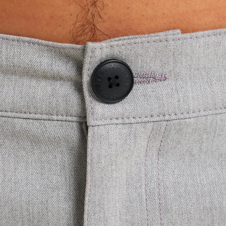 Bee Inspired Halle Chino in Grey, slim fit tapered chinos with a faux leather waist patch, close-up