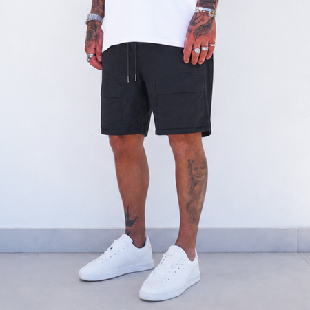 Bee Inspired Harper Cargo Short in Black, regular fit cargo shorts with utility pockets and a toggle waistband, front view